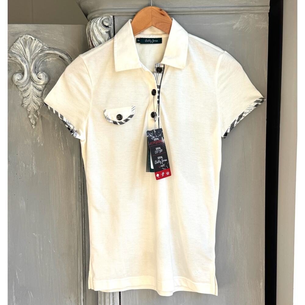 NWT Bobby Jones Women’s Ivory Cotton Polo Shirt Plaid Trim XS